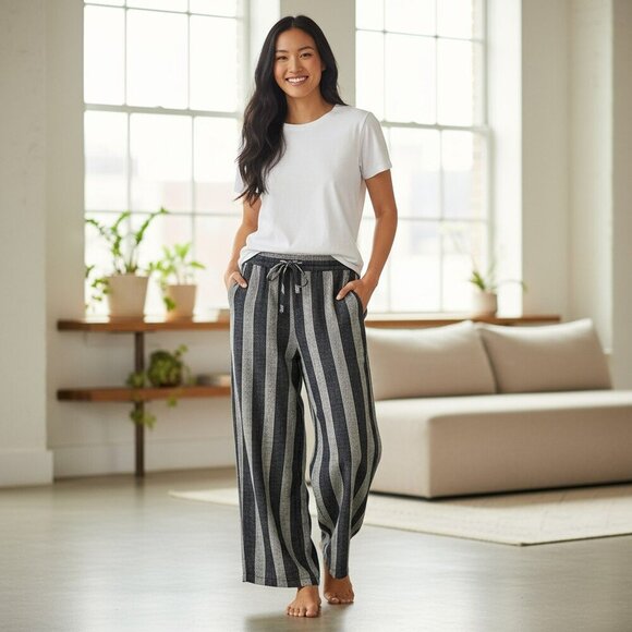 Old Navy Womens Medium Blue  Striped Linen Blend Drawstring Straight Leg Pants - Picture 1 of 11